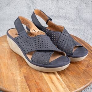 Clarks Womens Size 8‎ Reedly Variel Blue Nubuck Wedge Sandal